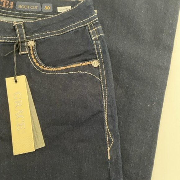GRACE in LA | Dark Denim Detail Embellishment Bootcut Jeans ~ Size 30 ~ BNWT - Picture 10 of 12